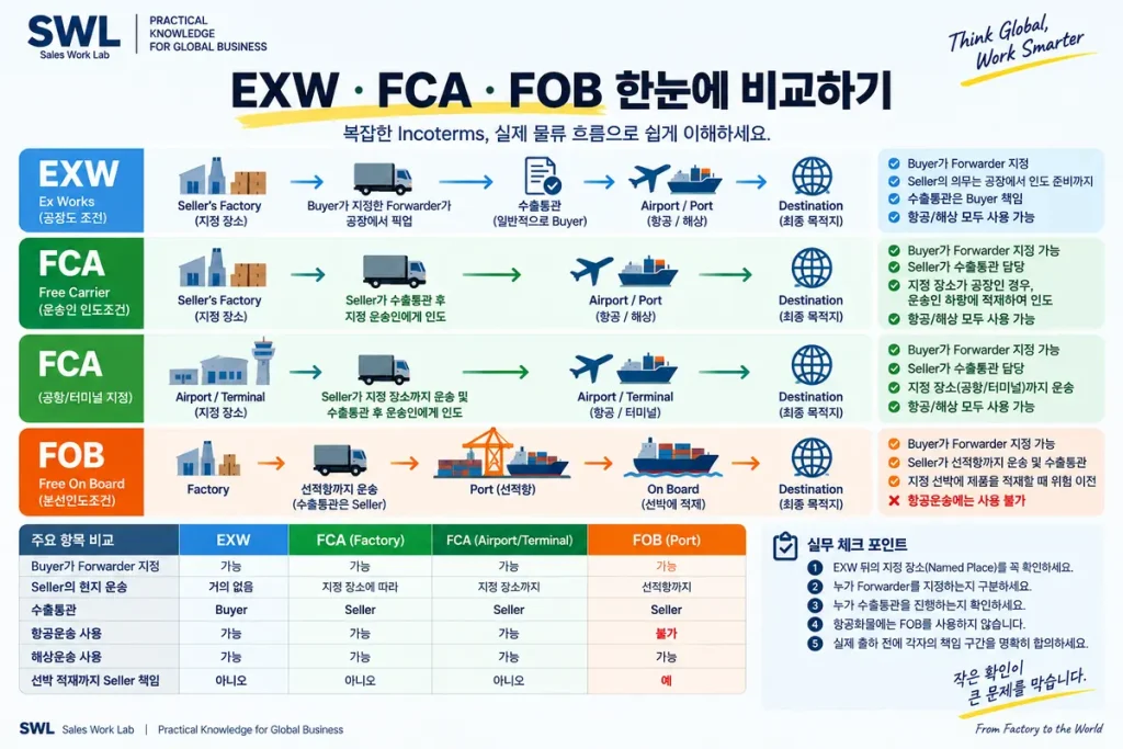 EXW FCA FOB 조건별 포워더 지정 수출통관 운송 책임과 물류 흐름 비교