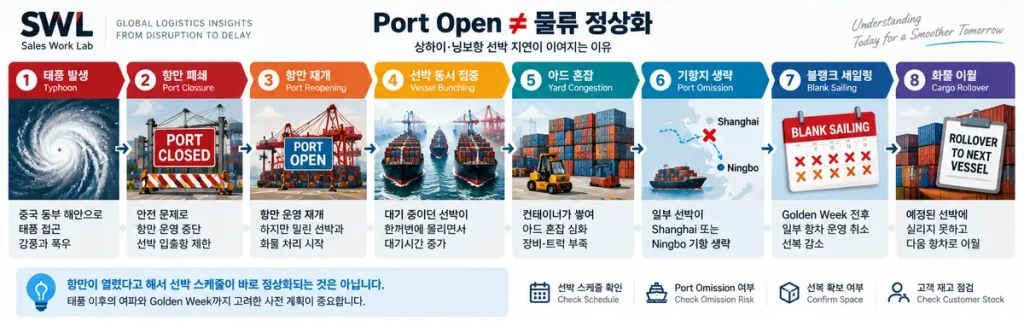 태풍 이후 항만 재개부터 Vessel Bunching Port Omission Blank Sailing Cargo Rollover까지의 물류 지연 과정