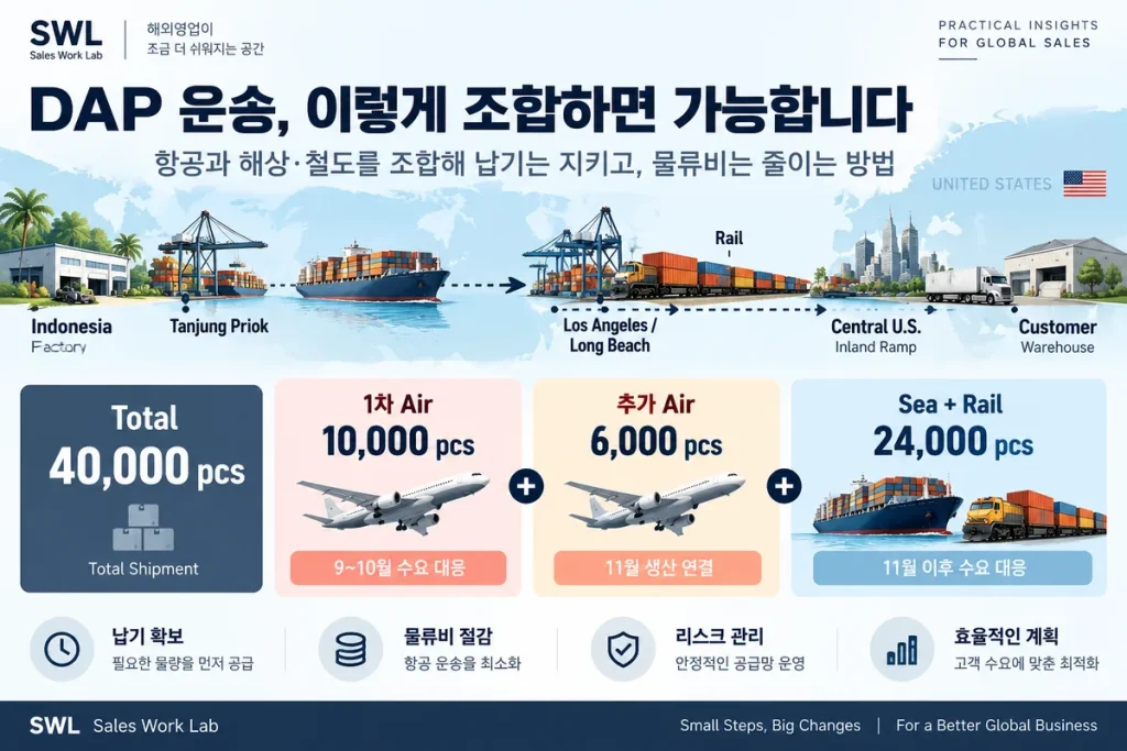 미국 DAP 운송에서 4만개 제품을 항공 1만6천개와 해상 철도 2만4천개로 분할해 물류비를 절감하는 사례