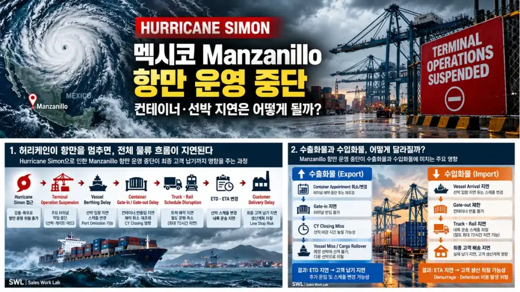 허리케인 Simon 이후 Manzanillo 항만 중단부터 컨테이너 Gate Rail 고객 납기 지연까지의 물류 흐름