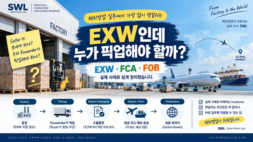 EXW 조건에서 누가 화물을 픽업하는지와 EXW FCA FOB 차이를 설명하는 해외영업 실무 가이드