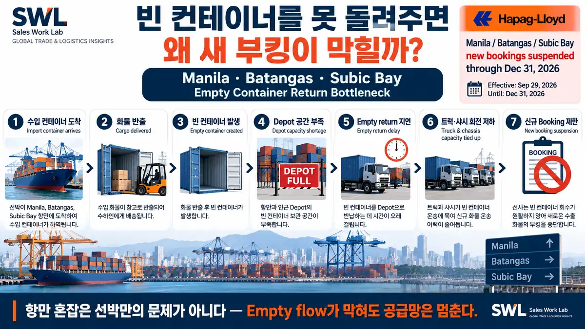필리핀 빈 컨테이너 반납 지연이 트럭 회전 저하와 신규 Booking 중단으로 이어지는 물류 흐름