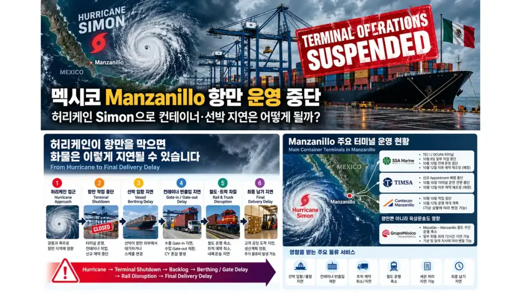 허리케인 Simon으로 인한 멕시코 Manzanillo 항만 운영 중단과 선박 지연